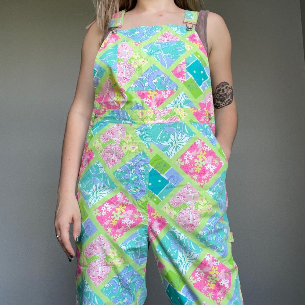 Vintage Lilly Pulitzer Women’s Multicolored Floral Cotton Summer Overalls Sz 8 - Picture 2 of 12